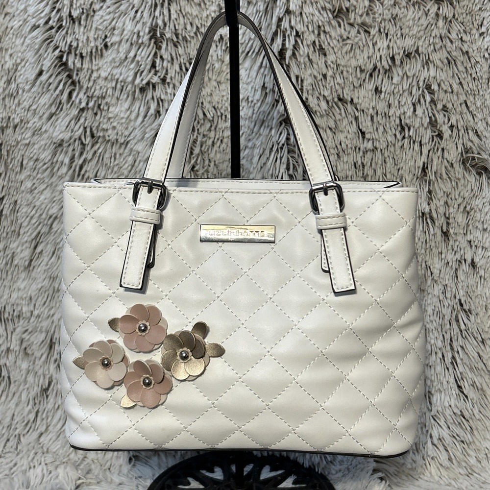Liz Claiborne Small Satchel Hand Bag White Flower Appliqué Quilted Preppy